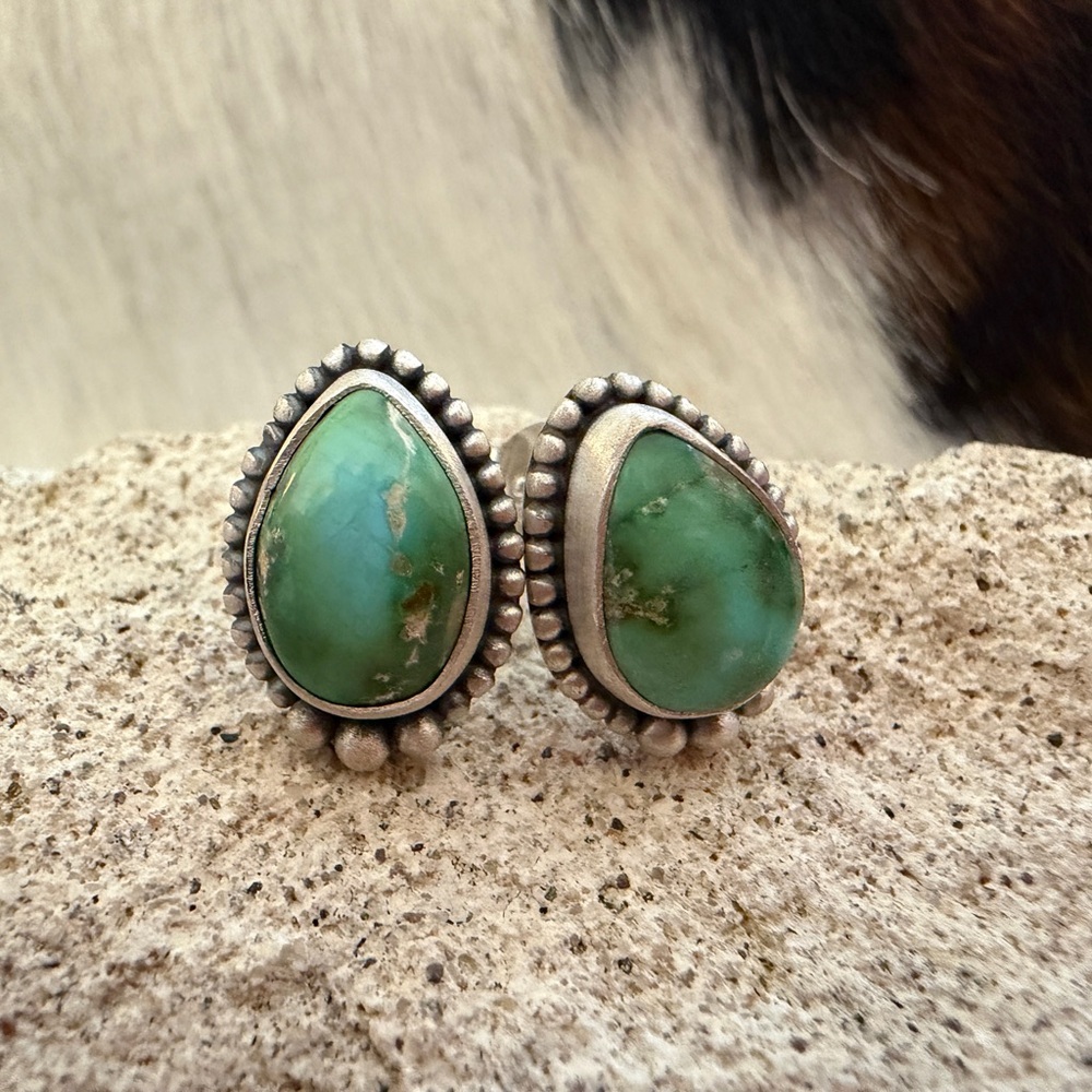 ❤️ Sonoran Gold Turquoise Navajo Style Brushed Sterling Stud Earrings .62”L